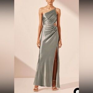 Shona Joy One-Shoulder Sage green Satin Evening Dress with Side Cutout